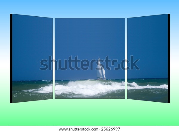 three parted\
billboard with a picture of the\
shore