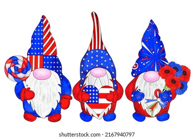 Three patriotic gnomes in colors of American flag. Cute gnome for 4th of July USA Independence Day celebration. Hand-drawn watercolor illustration isolated on white background - Powered by Shutterstock