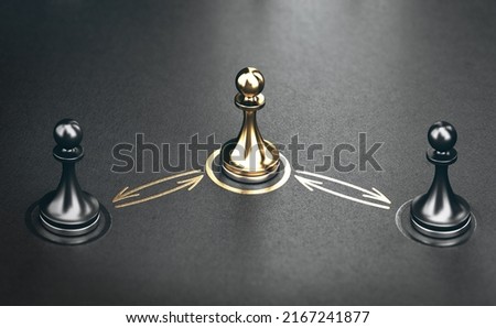 Three pawns and golden arrows over black background. Concept of interpersonal conflict management and conciliator. 3D illustration. Stock photo © 