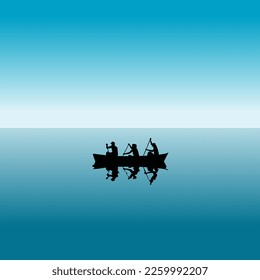 Three people in a boat silhouettes over blue water - Powered by Shutterstock