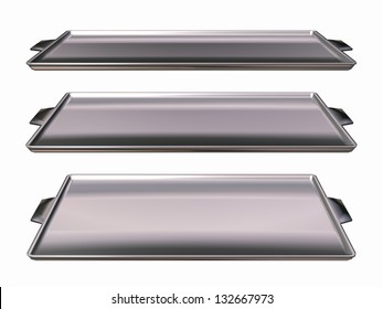 Three Perspectives Of A Silver Cookie Sheet Or Baking Plate