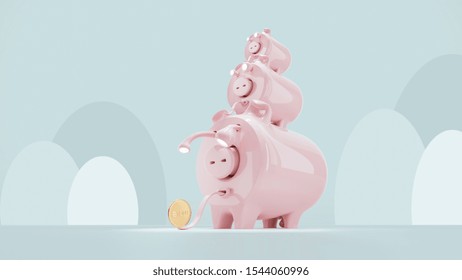 Three Pinky Piggy Bank On A Blue Background With Libra Coin.