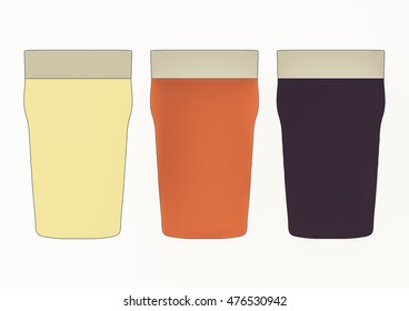 Three pints of British beer including lager, bitter and stout vintage