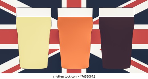 Three pints of British beer including lager, bitter and stout over Union Jack vintage