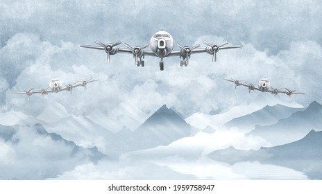 Three Planes In The Sky Flying Over The Mountains. Wallpaper For Interior Painting.