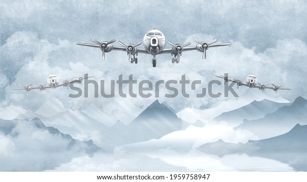 Three planes in the sky flying over the mountains. Wallpaper for interior painting.