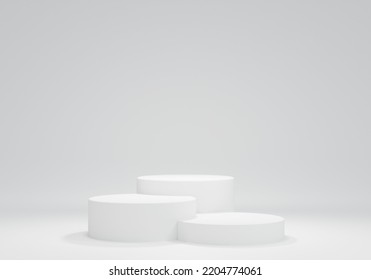 Three Podium Arranged In Ranking Ladder White Background. Product Display Stand Or Product Presentation. 3D Rendering