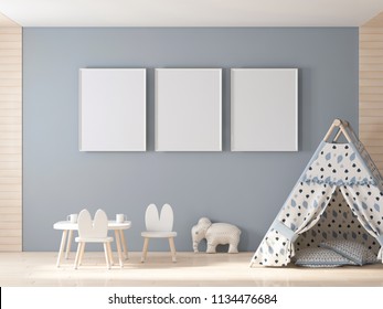 Three Poster Frame Mockup On Wall In Kids Room, Playning Wigwam 3d Rendering