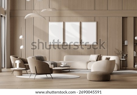 Three poster frames in modern living room with sofa, 3d render