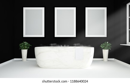 three poster mockup on black and white bathroom 3d rendering