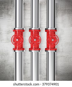 Three prallel vertical metal pipes with red taps. Concrete background. Concept of pipeline. 3D rendering.