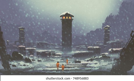 three prisoners walking in the abandoned prison in winter, digital art style, illustration painting