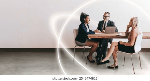 Three professionals in a meeting. Business meeting with diverse team. Colleagues discussing in the office. Teamwork and collaboration in business. Business deal, partnership concept with copy space. - Powered by Shutterstock