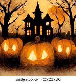 Three Pumpkins In Front Of An Eerie House. Halloween Concept