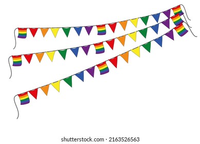 Three Rainbow Colored Pennant On A White Background.