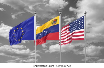 Three realistic flags. Three colored silky flags in the wind: USA (United States of America), EU (European Union) and Venezuela. 3D illustration.