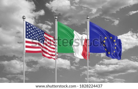 Three realistic flags. Three colored silky flags in the wind: USA (United States of America), EU (European Union) and Italy. 3D illustration.