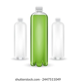 Three realistic mock up white plastic bottle with green drink on white background. Illustration one bottle