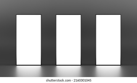 Three rectangle lightboxe stands on dark background. Billboard mockup. 3D illustration