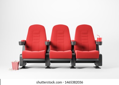 Three red cinema chairs with fizzy drink and box of popcorn over white background. Concept of entertainment. 3d rendering - Powered by Shutterstock