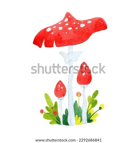 Three red fly agaric mushrooms. Cartoon mushrooms. In green grass with berries. psychedelic colors. Watercolor illustration. fly agaric. Fly amanita
