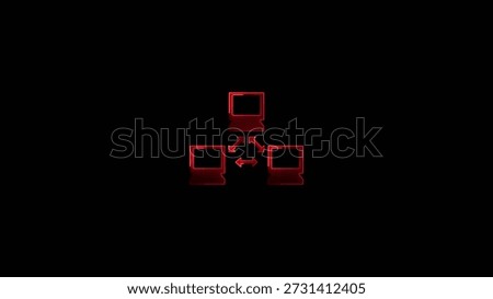 Three red glowing outlined computers interconnected with circular arrows on a dark background symbolizing data sharing and synchronization