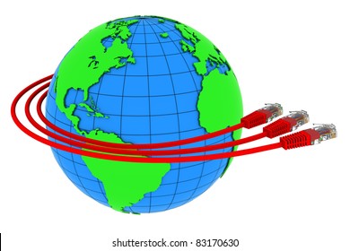 Three red internet cables wrap around the Earth