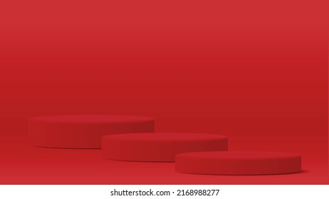 Three red round pedestal podium and red background.Chinese new year festival style.For place goods,cosmetics,cartoon model,design fashion,food,drink,fruit,cosmate or technical tools.3D illustration. - Shutterstock ID 2168988277
