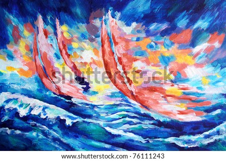 three red sails against the sky and the sea and the coming sun drawn by oil color on canvas