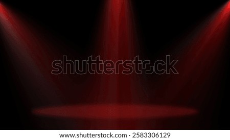 Three Red Spotlights Beaming from Top Corners on Studio Stage Against a Black Background – Dramatic and Cinematic Lighting for Theater, Performance, and Visual Effects