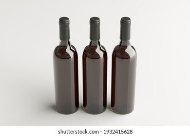 Three red wine bottles 750ml mock up on white background. View above. 3d illustration
