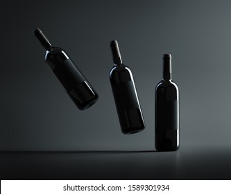 Three red wine bottles mockup. 3D render