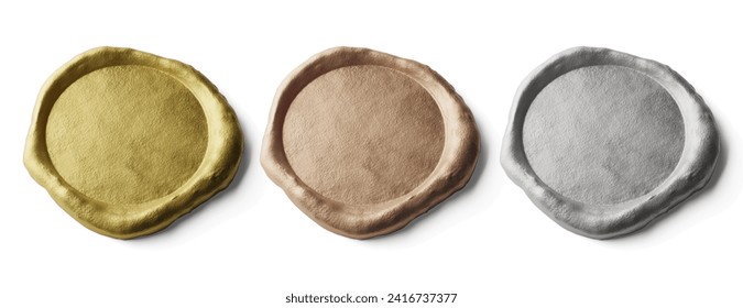 three round authentic traditional special mail postal envelope document certificate wax seal stamp in silver, gold and bronze color realistic mockup template isolated perspective view