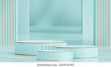 Three round podiums with gold pattern. Background for product presentation. Light turquoise color. Sunlight and shadows on the walls and floor.