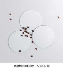 Three round white coasters and coffee beans on white background. 3d illustration