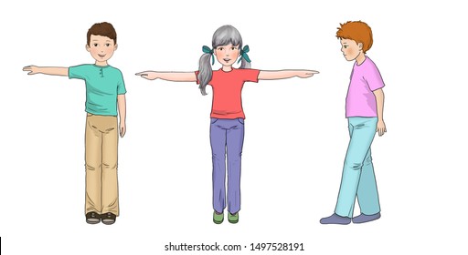 Three Schoolboy Next To Each Other On A White Background. A Girl Child With Arms Wide Open. Boy With One Arm Sideways Outdoor. A Step Taken By A Child In Walking.