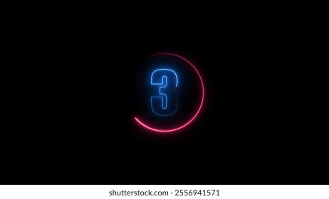 three seconds countdown neon glowing royal blue color 4k illustration on black background. loading magenta red color 4k illustration.