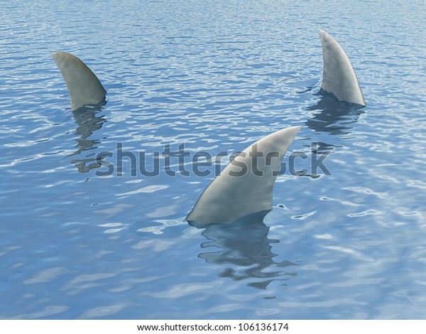 水から突き出た3匹のサメのヒレ のイラスト素材