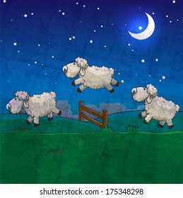 Three sheep  jumping over the fence. Count them to sleep.