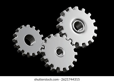 Three shiny metallic gears interlocked and set against a black background, representing mechanical engineering, teamwork, and motion. – Engineering, Industry, Technology. 3d image