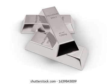Three shiny palladium ingots or bars over white background - precious metal or money investment concept, 3D illustration