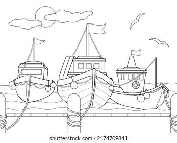 Three Ships At The Pier. Boat Dock. Children Coloring Book.