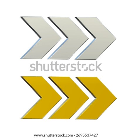 three silver and golden squared arrows right icon. swipe up buttons set. Upload icon. Upgrade, speed up sign. Right side pointing arrow.