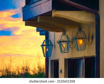 Three similar gaslights by doors at corner of residential building, with view of clouds glowing at sunset, in a coastal beach town in Florida. Digital painting effect, canvas texture. 3D rendering.
