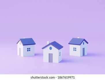 Three simple houses on violet background, 3d render