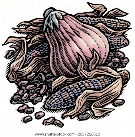 the three sisters: squash or pumpkin, dried corn, and dried beans