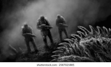 Three space soldiers and an alien mutant. Terrible illustration on black and white background. Horror genre. Gloomy characters from nightmares. Freehand digital drawing concept. Coal and noise effect.
