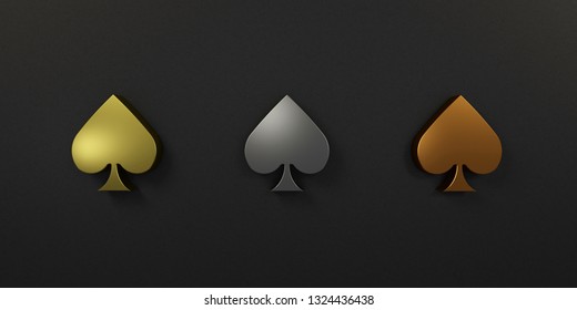 Three Spike Poker Gold Silver Copper Symbol. 3D Render Illustration