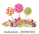 Three spiral round lollipops surrounded by colorful small caramels. Circle candies, bonbons with striped swirls, gummy. Bunch of candies of different shapes and colors. Watercolor illustration