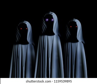 Three spooky monsters in hooded cloaks with glowing eyes. On black background. 3d render